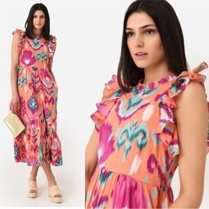Banjanan Hannah Dress Ikat Floral Spice Orange Pink Pockets!
